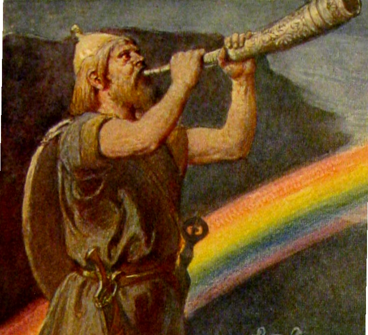 Heimdall blows the Gjallarhorn at the heavenly bridge Bifrost. Public domain.