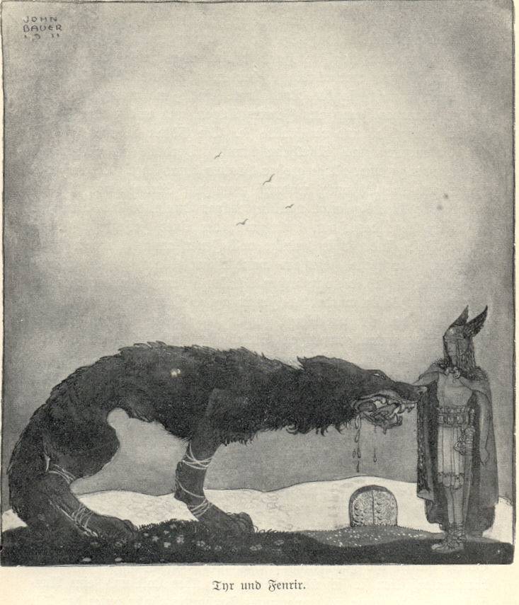 John Bauer (1882-1918), "Tyr and Fenrir", illustration 1911. Public domain.
