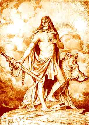 Freyr med svärd och galt, illustration. Public domain.
