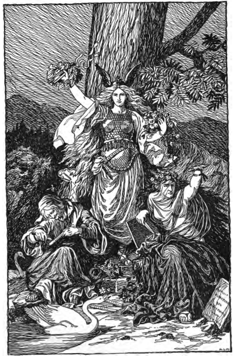The Norns at Urðarbrunnr, the well of fate at the root of Yggdrasil. Illustration by H.L.M. Public domain.