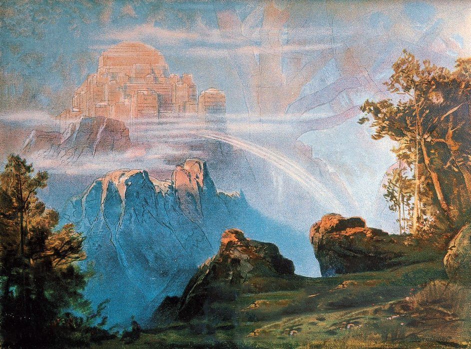Max Brückner (1836-1919), "Walhall", stage design for Wagner's Ring. Public domain.